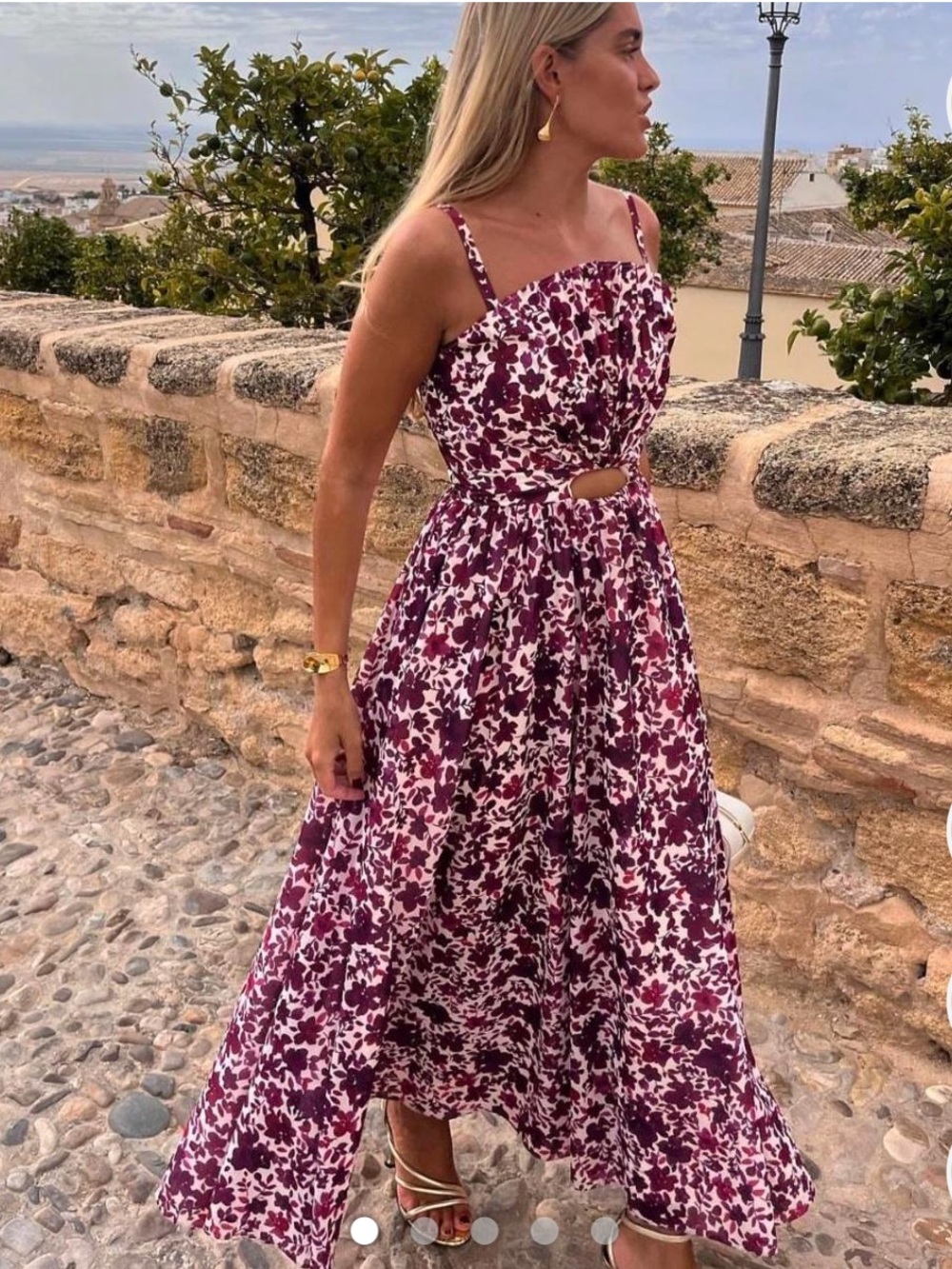 AMUR Rose and White Floral Cutout Midi Dress